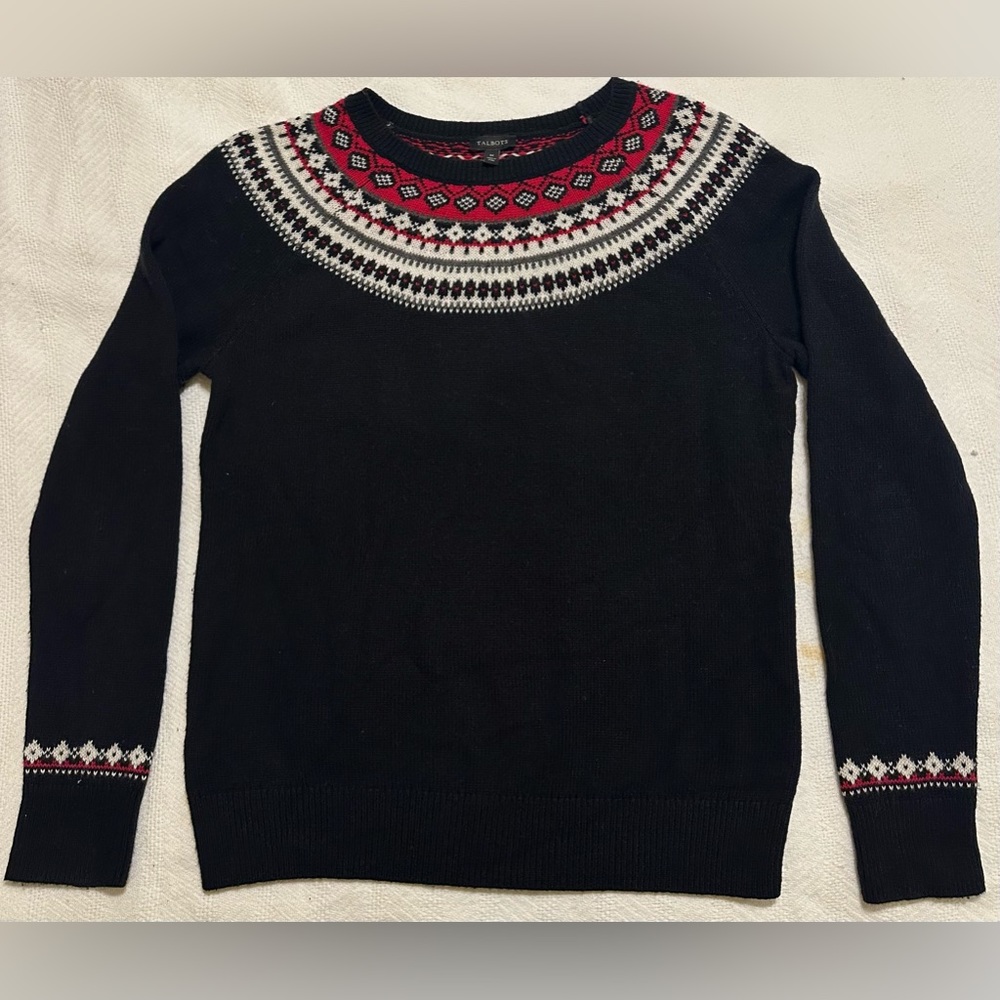 TALBOT’S Lambswool Womens Black-Red-White Fair Isle Lambswool Blend Sweater MED!